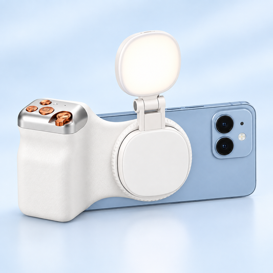 Separate fill light stacked on the front magnetic face of the camera grip