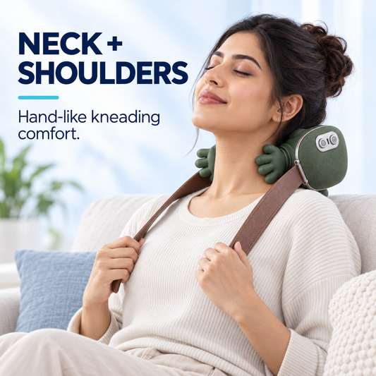 Woman using ARLISHCO bionic hand massager on neck and shoulders