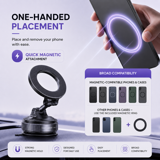One-handed magnetic phone placement and broad compatibility guide