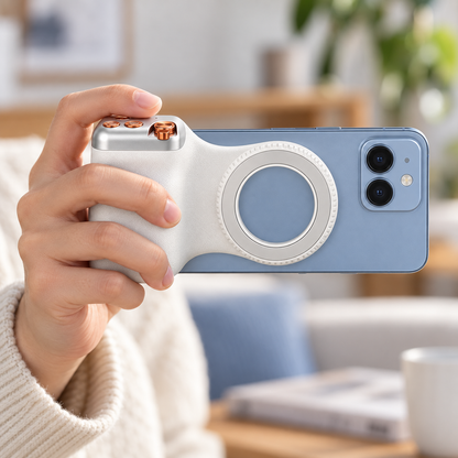 Magnetic phone camera grip shown in comfortable one-hand landscape use