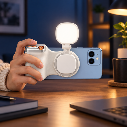 2-in-1 magnetic grip and separate fill light used together in low light