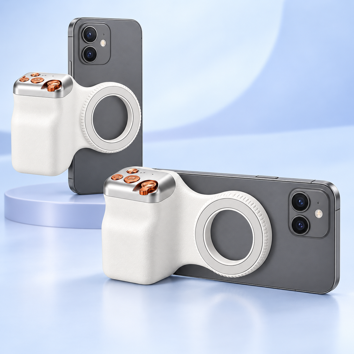 Magnetic camera grip shown in portrait and landscape orientation