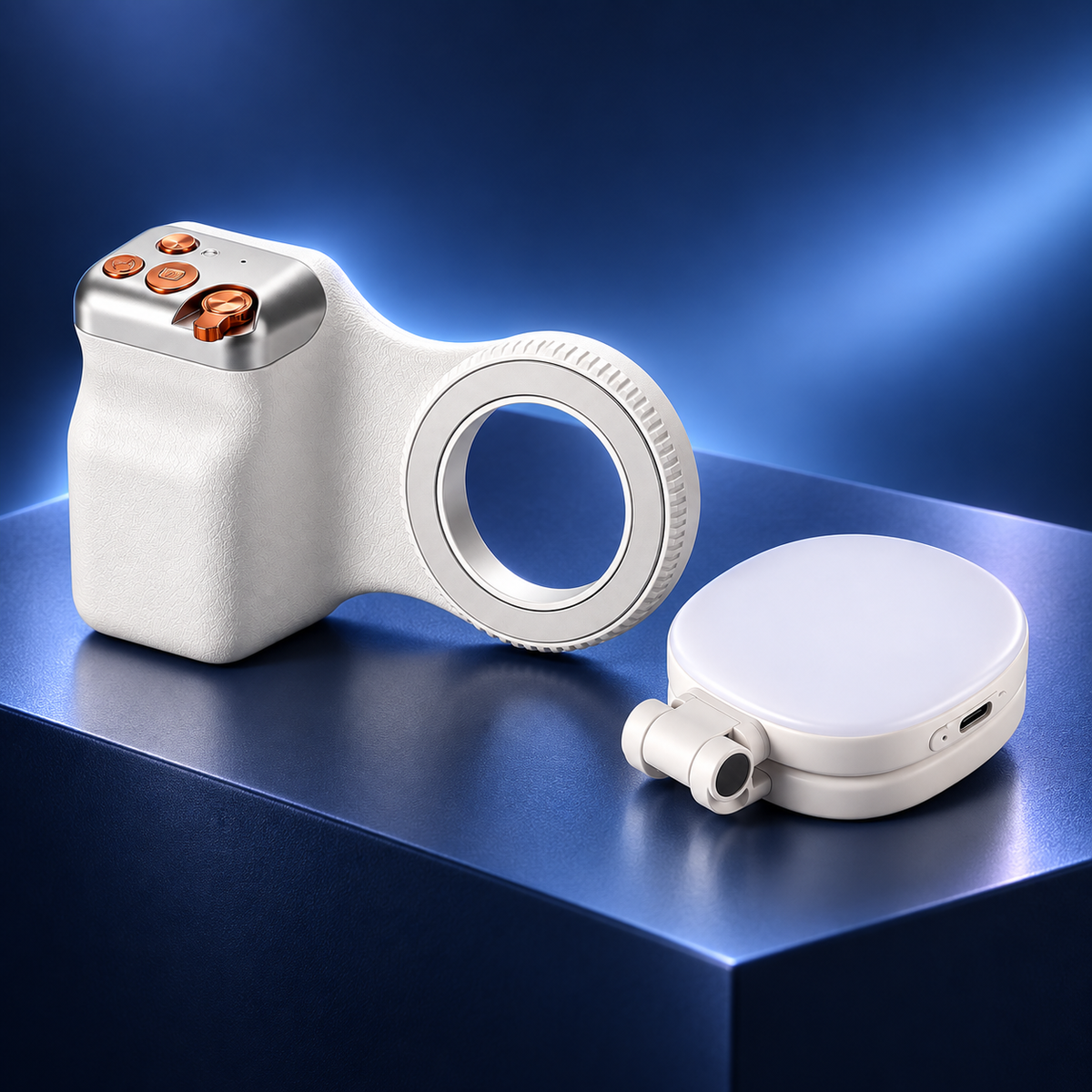 Camera grip and separate foldable light on a navy studio background