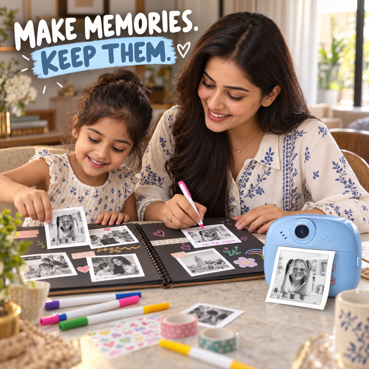 Mother and child making a scrapbook with SnapPrint Mini photos