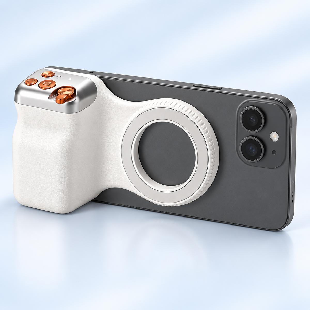 Magnetic camera grip attached to a phone with camera area unobstructed