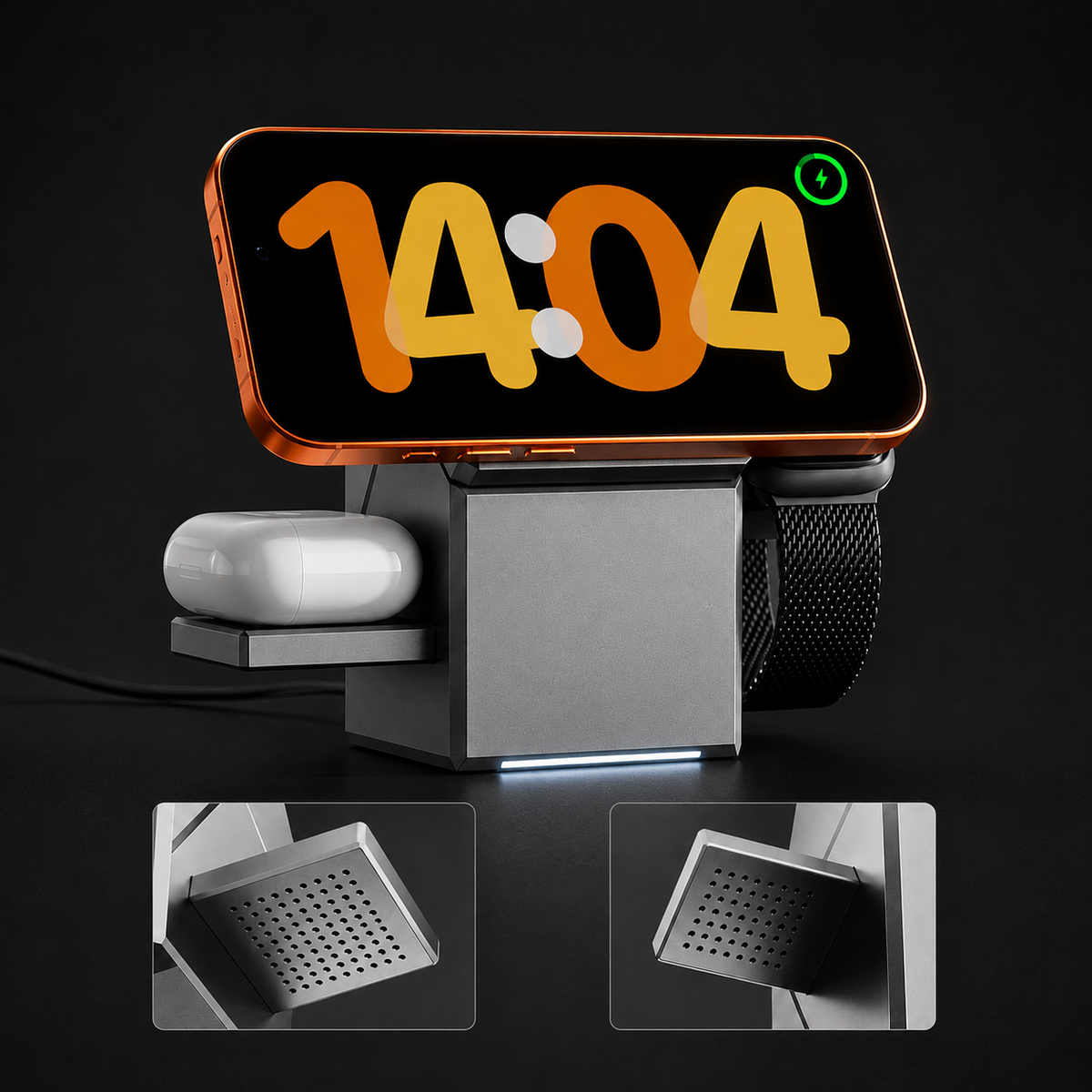 Compact 3-in-1 charging station for a desk or bedside table