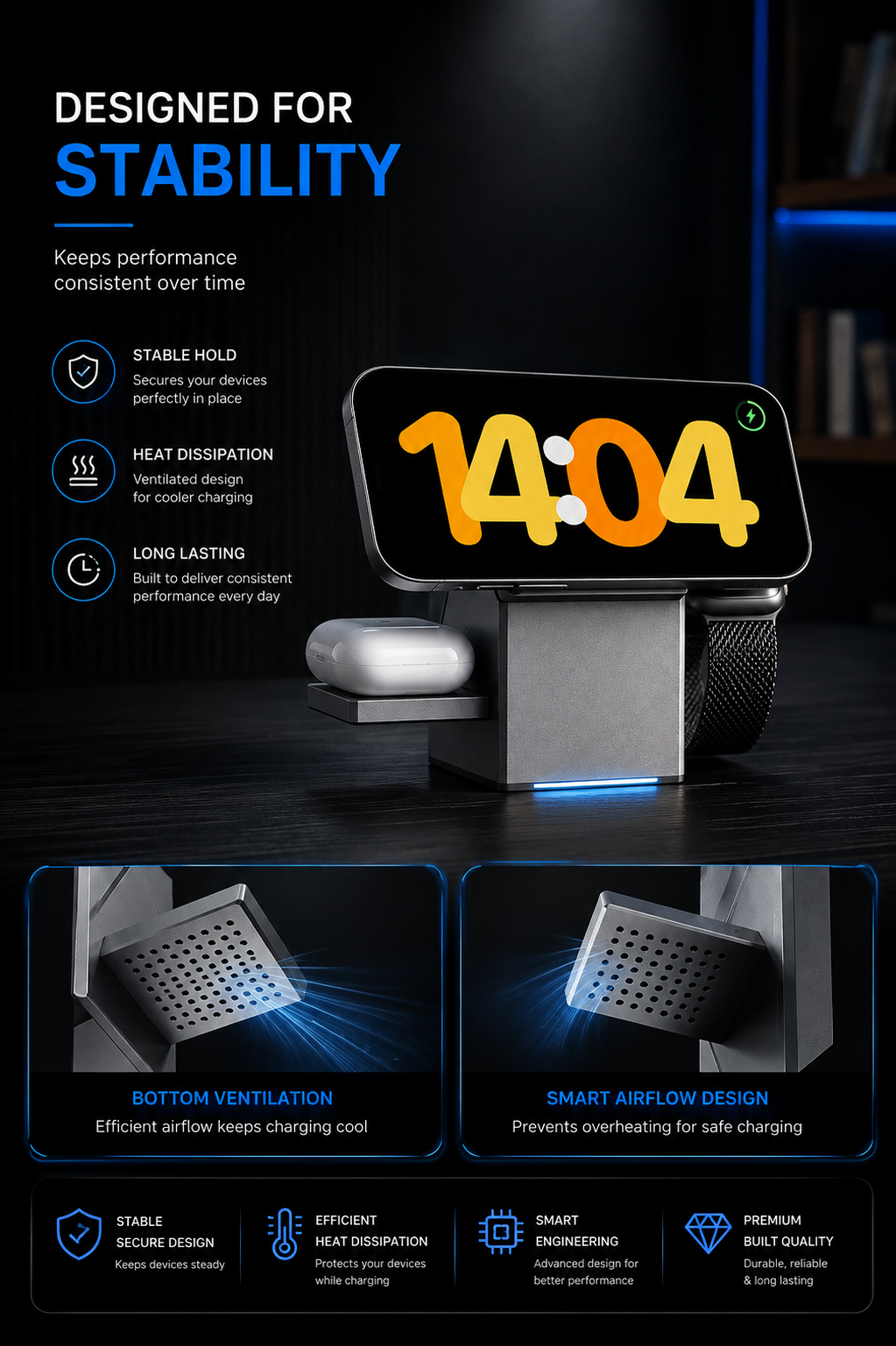 3-in-1 wireless charging station shown with compatible devices