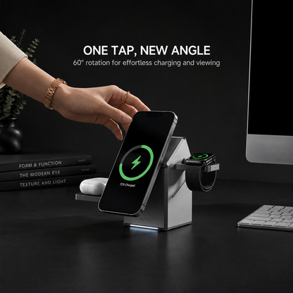 Magnetic phone charging surface and rotating stand detail