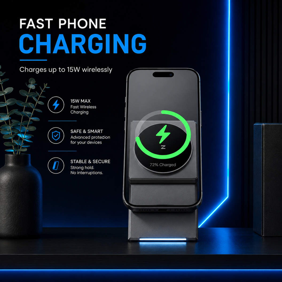 Phone, watch and earbud charging areas on the 3-in-1 station