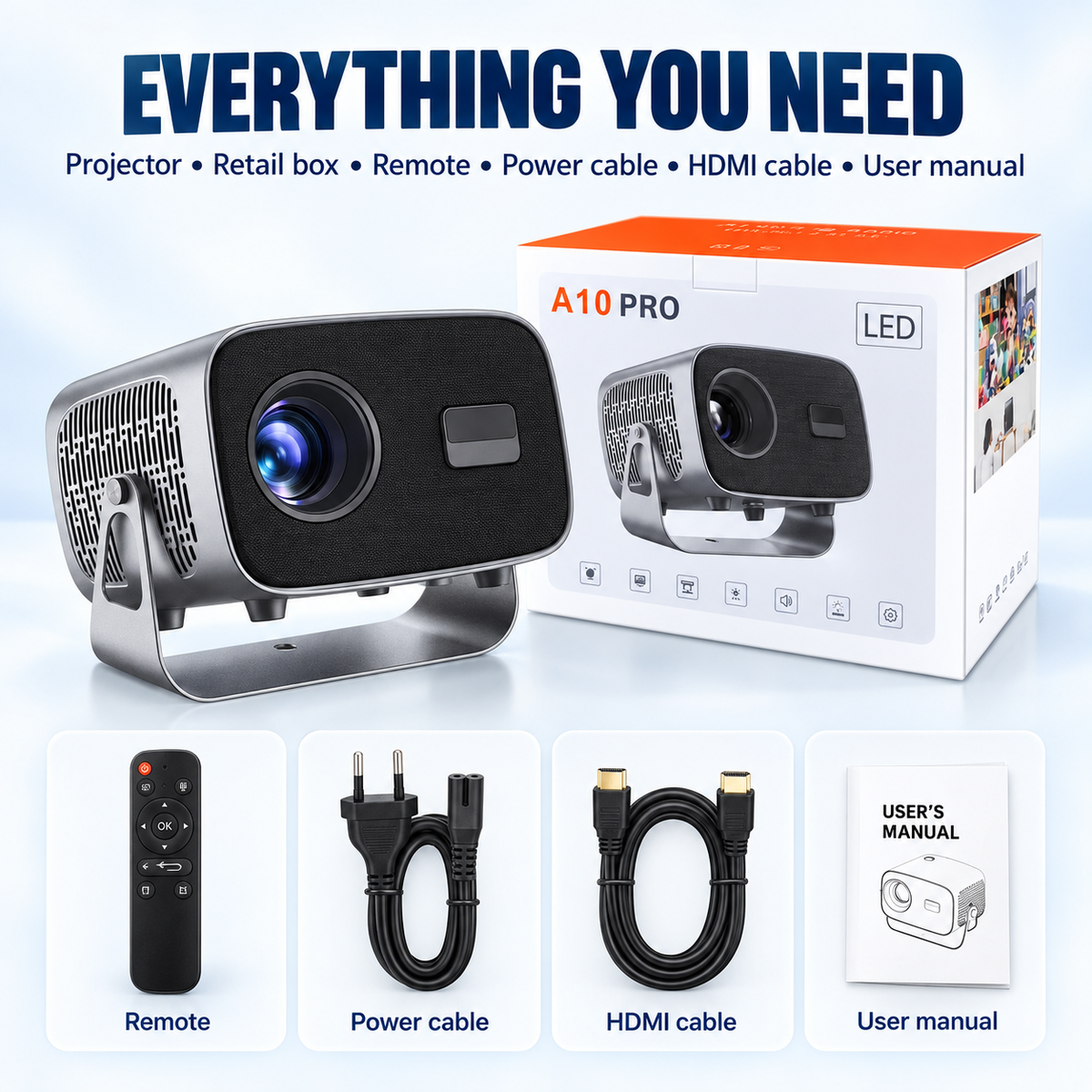 A10 Pro projector with retail box remote power cable HDMI cable and manual
