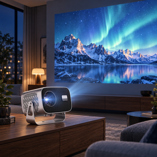 A10 Pro projector creating a home-cinema picture in a modern room