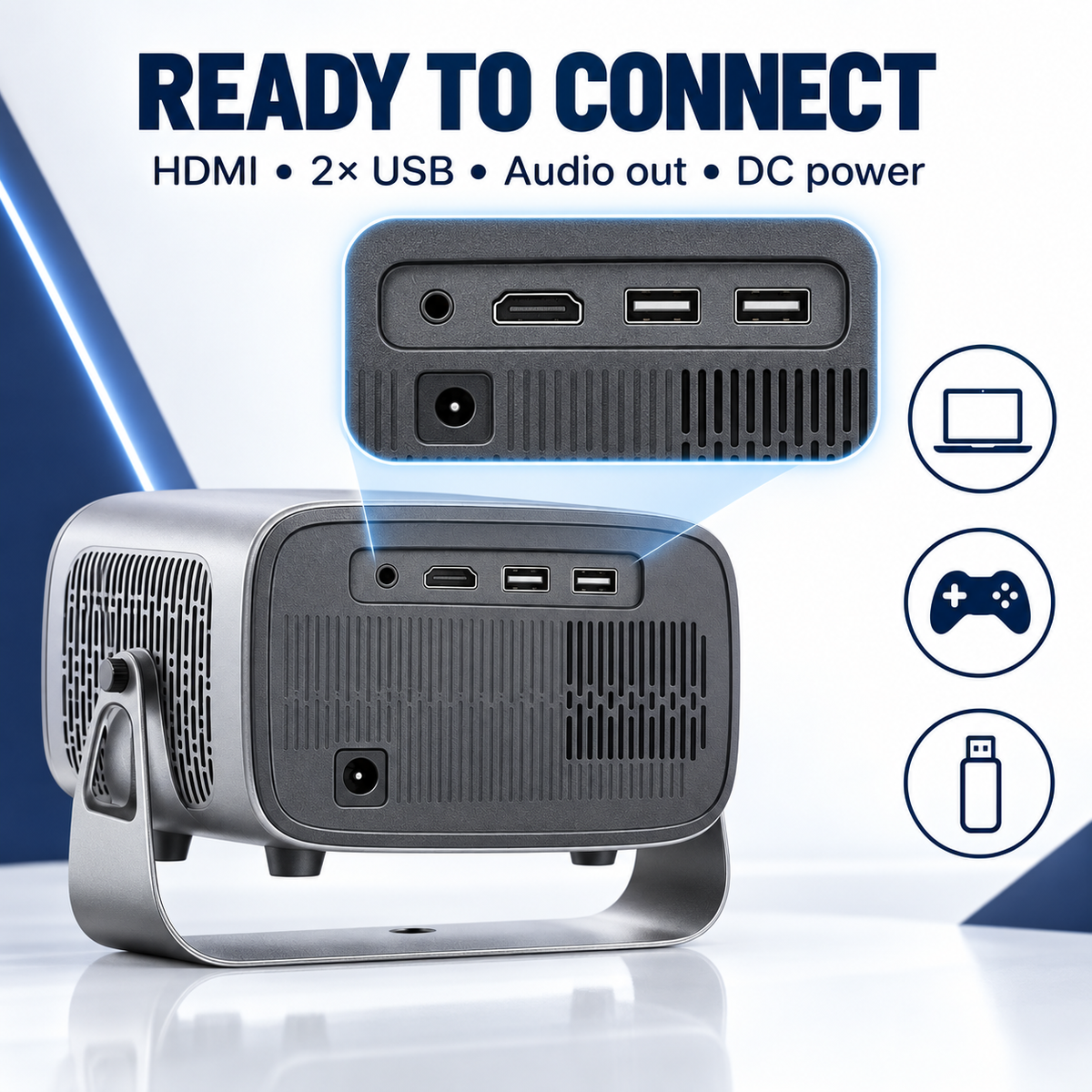 A10 Pro projector HDMI dual USB audio output and DC power ports