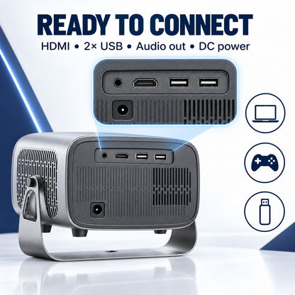 A10 Pro projector HDMI dual USB audio output and DC power ports