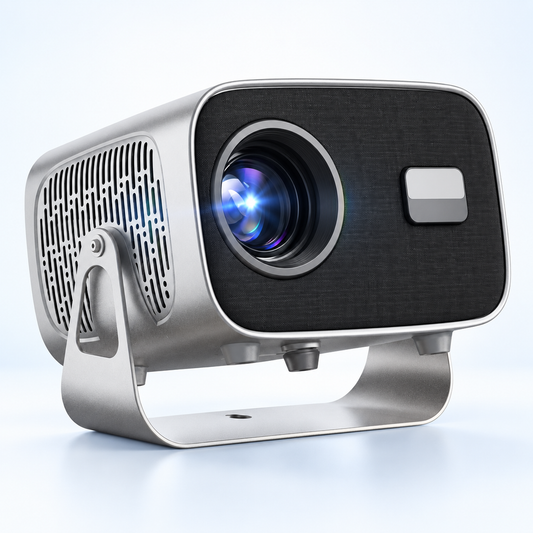 A10 Pro smart projector in silver-grey with rotating stand