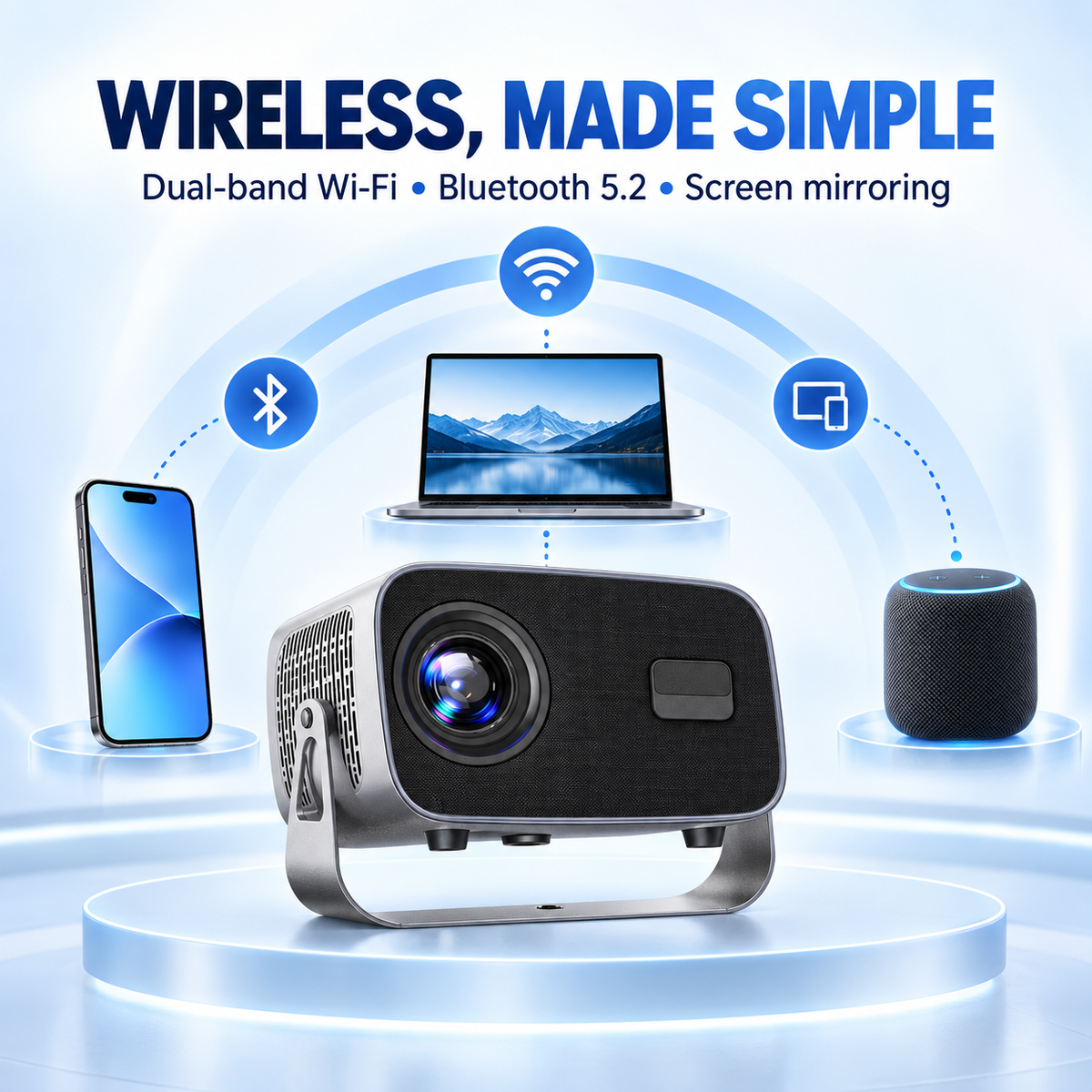 A10 Pro projector dual-band Wi-Fi Bluetooth 5.2 and screen mirroring