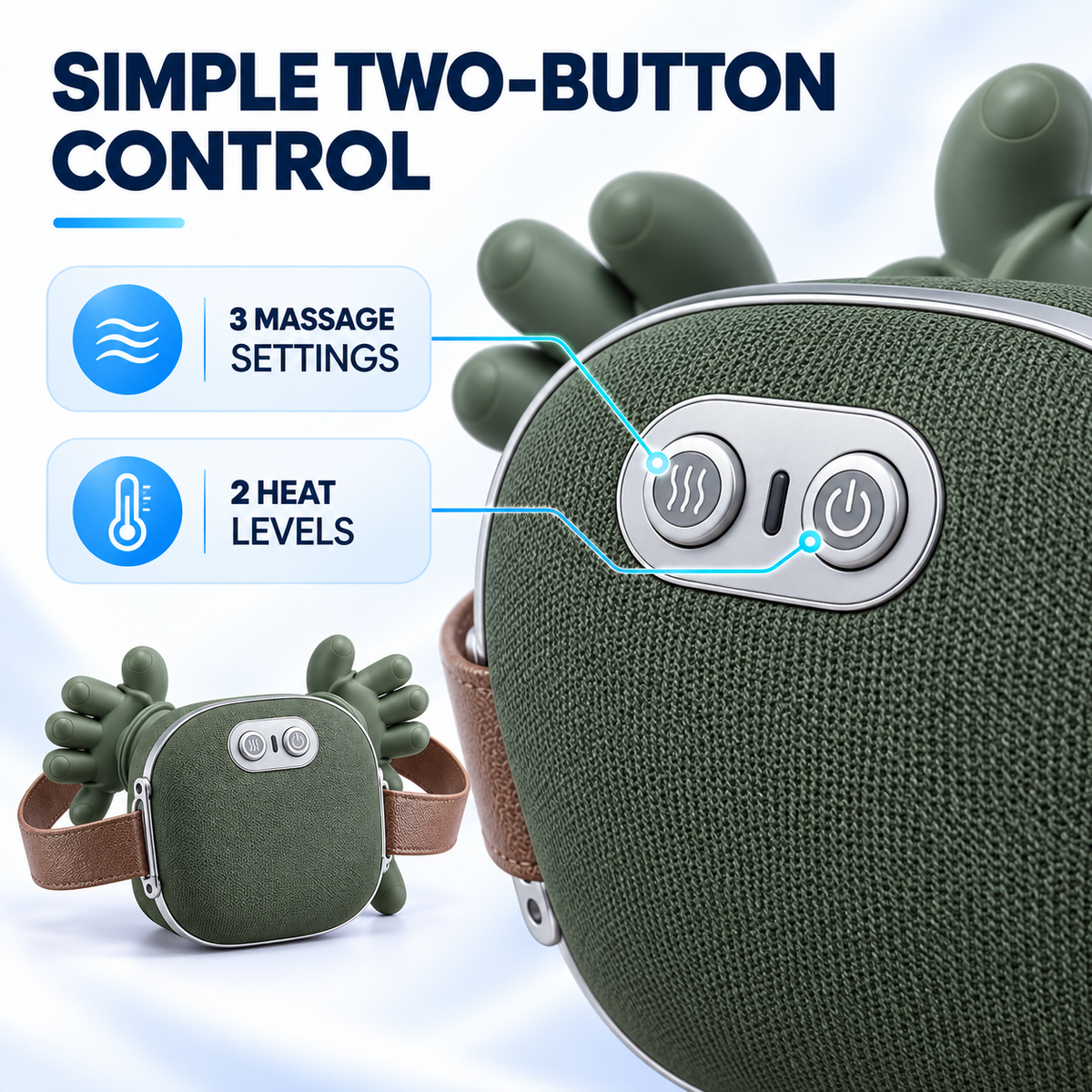 Two-button controls with three massage settings and two heat levels