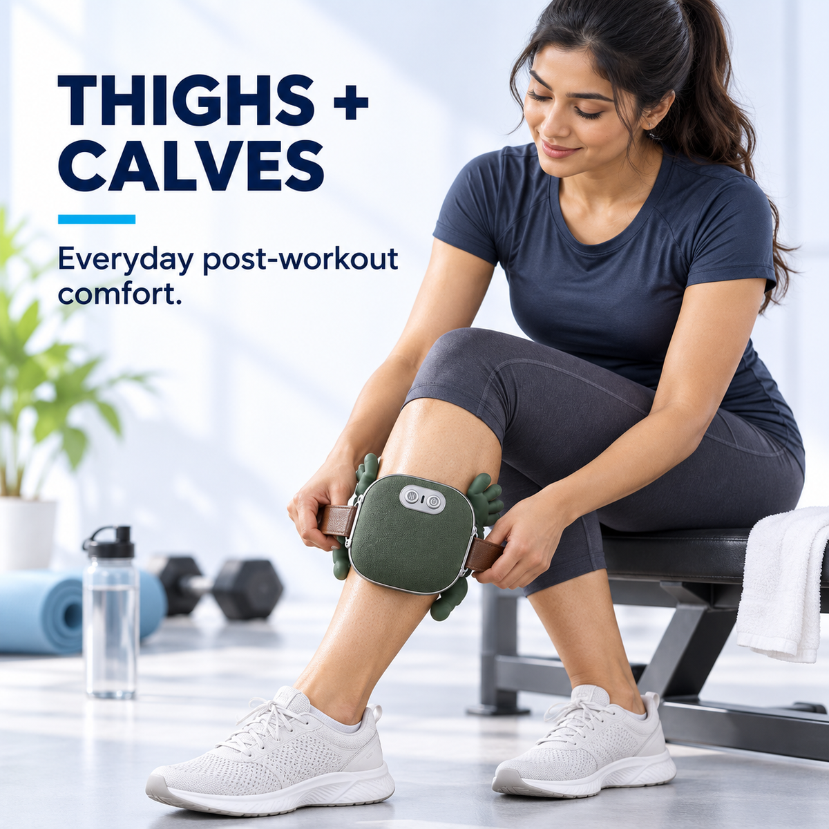 Woman using bionic hand massager on calf after a workout