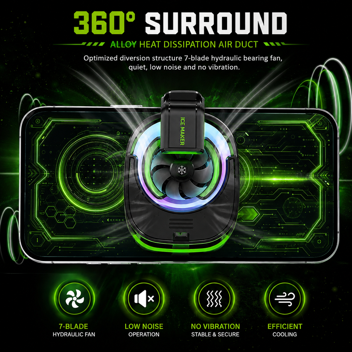 7-blade low-noise fan with 360-degree heat dissipation airflow