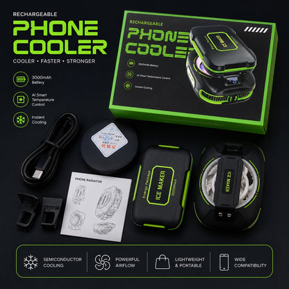 Phone cooler box contents with battery pack, cable, clips and manual