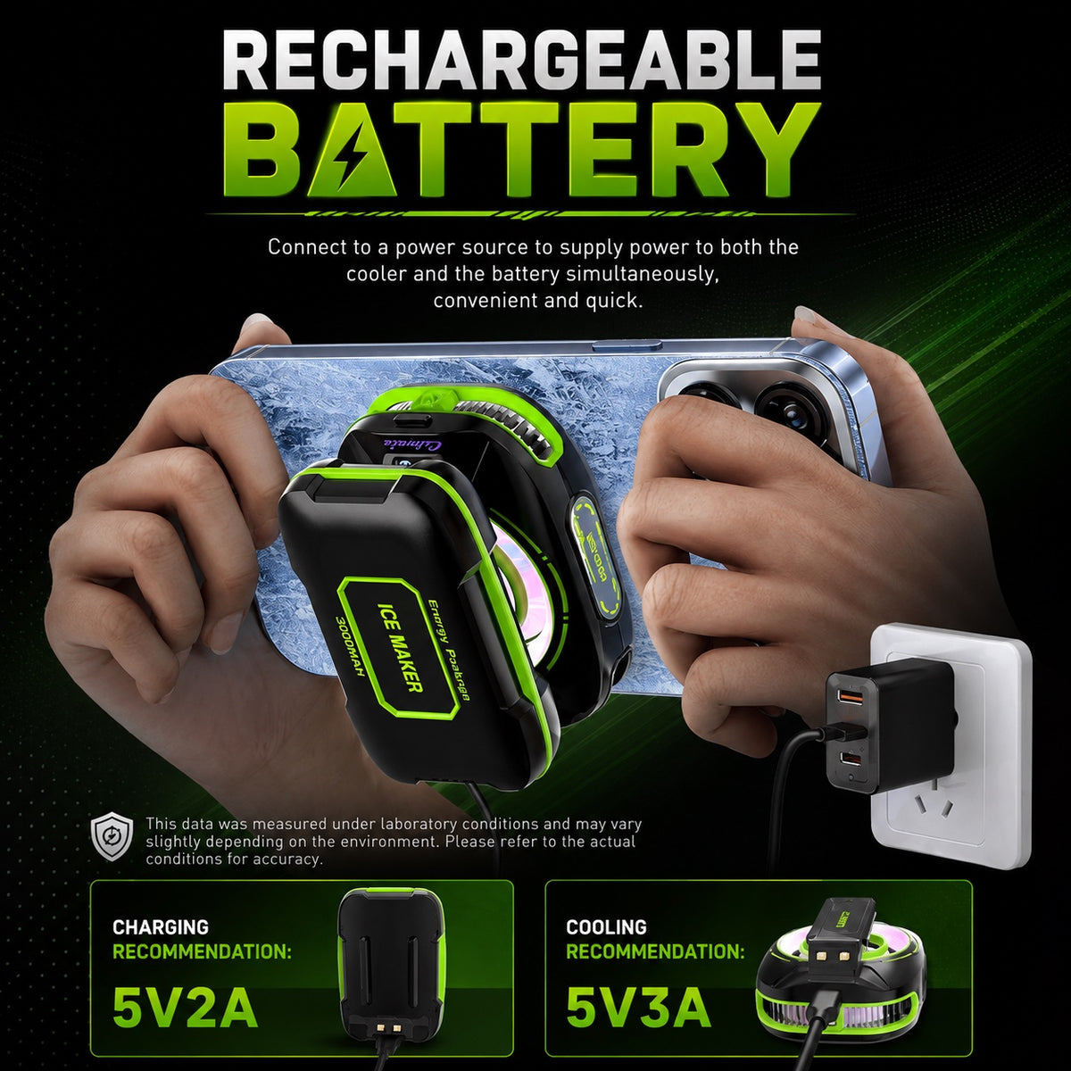 3000mAh rechargeable battery pack and Type-C powered cooling mode