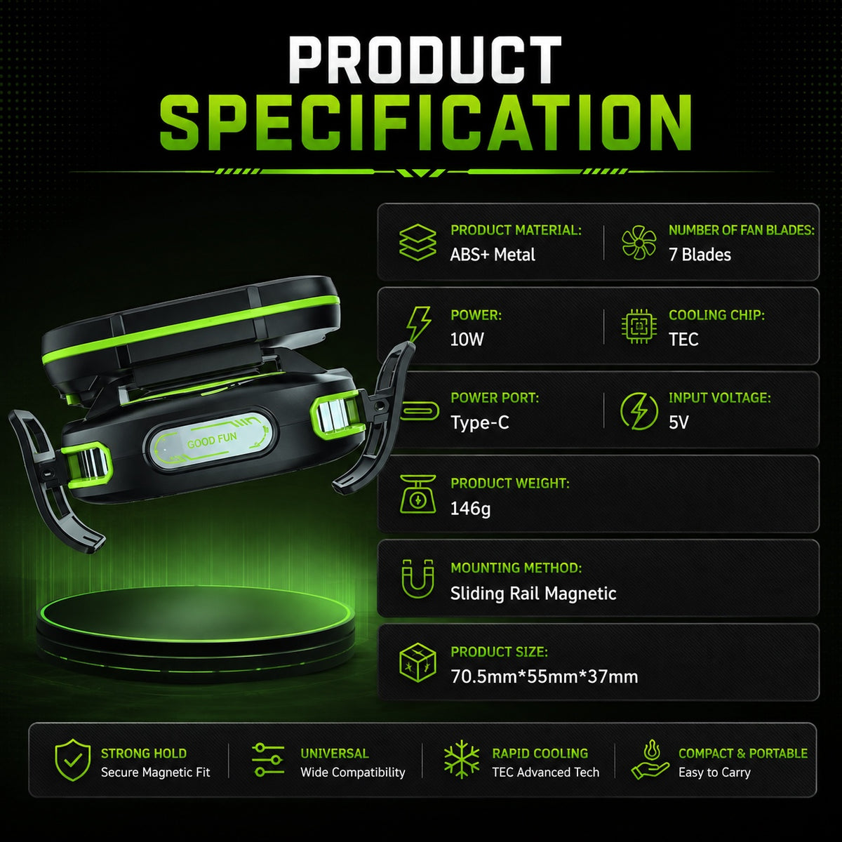 Phone cooler specifications including Type-C, TEC chip and 7-blade fan