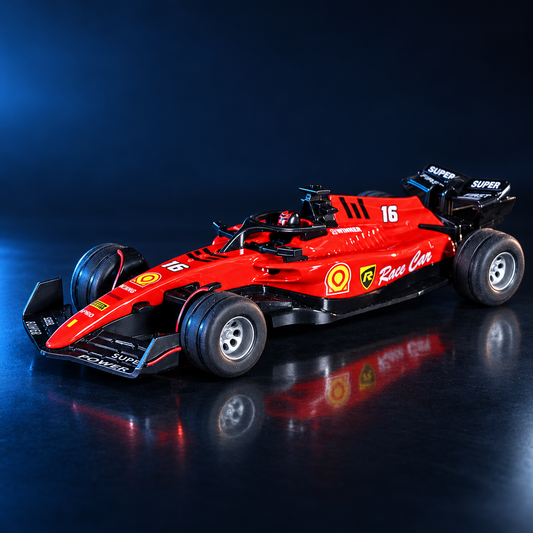 Red mini Formula racing RC car in premium dark studio view