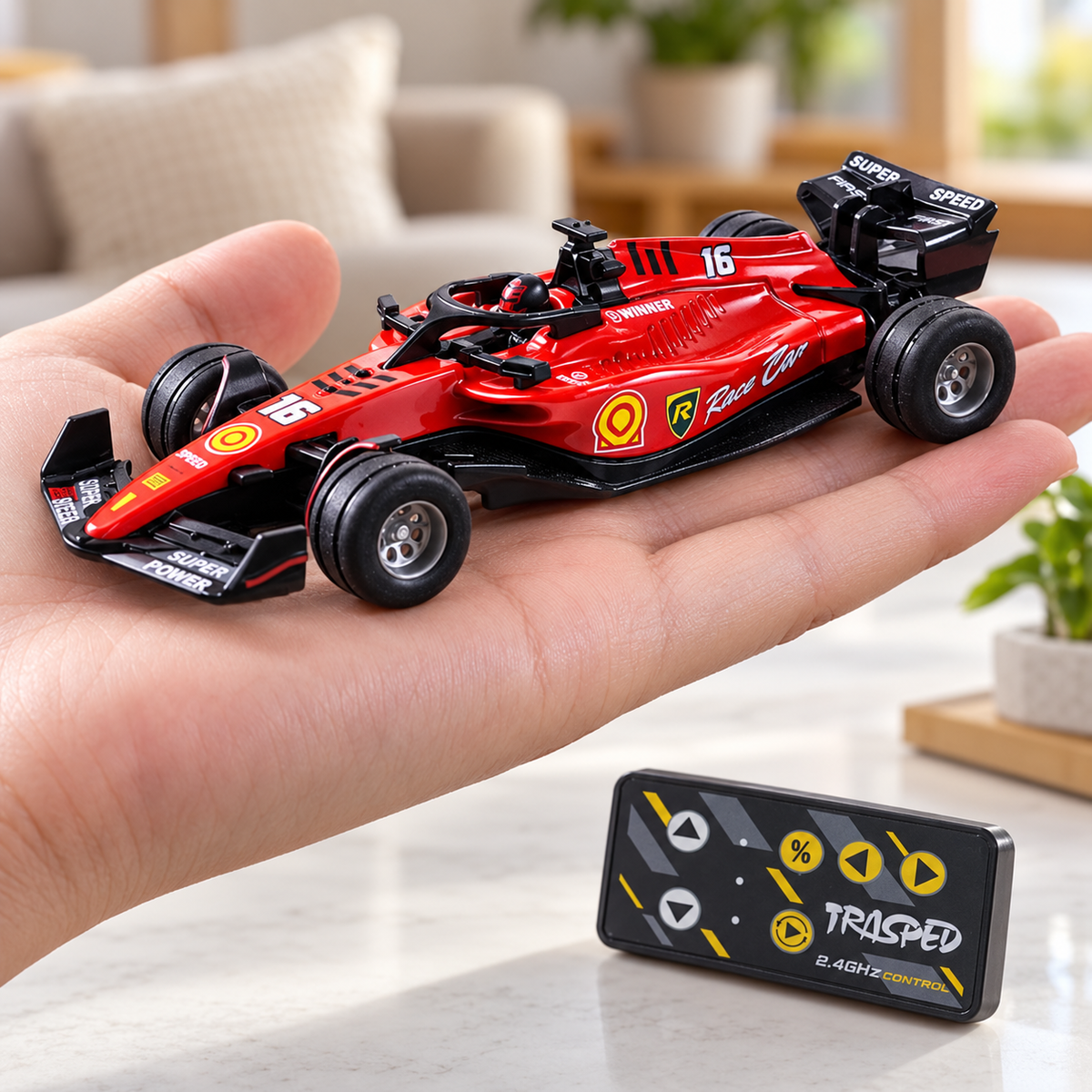 Palm-sized red mini Formula RC car with remote