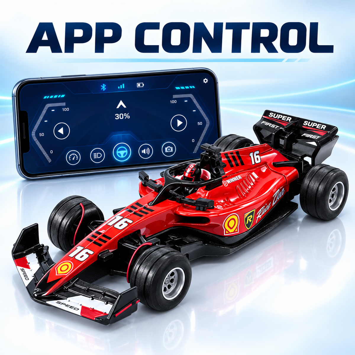 Red mini Formula RC car with mobile app control