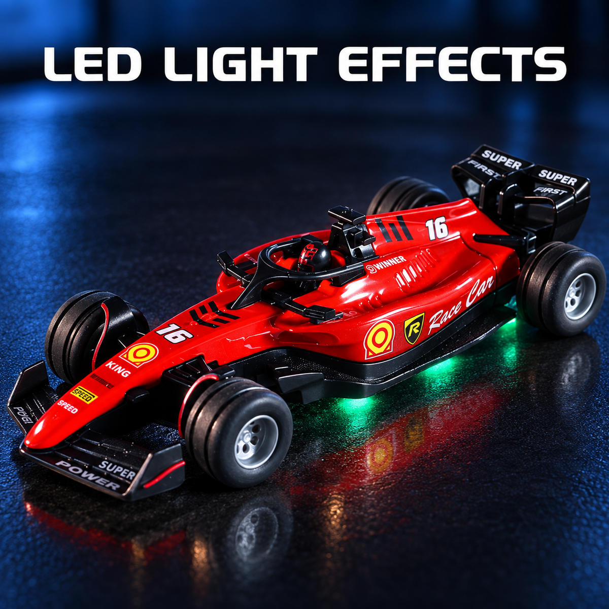 Red mini Formula RC car with LED light effects