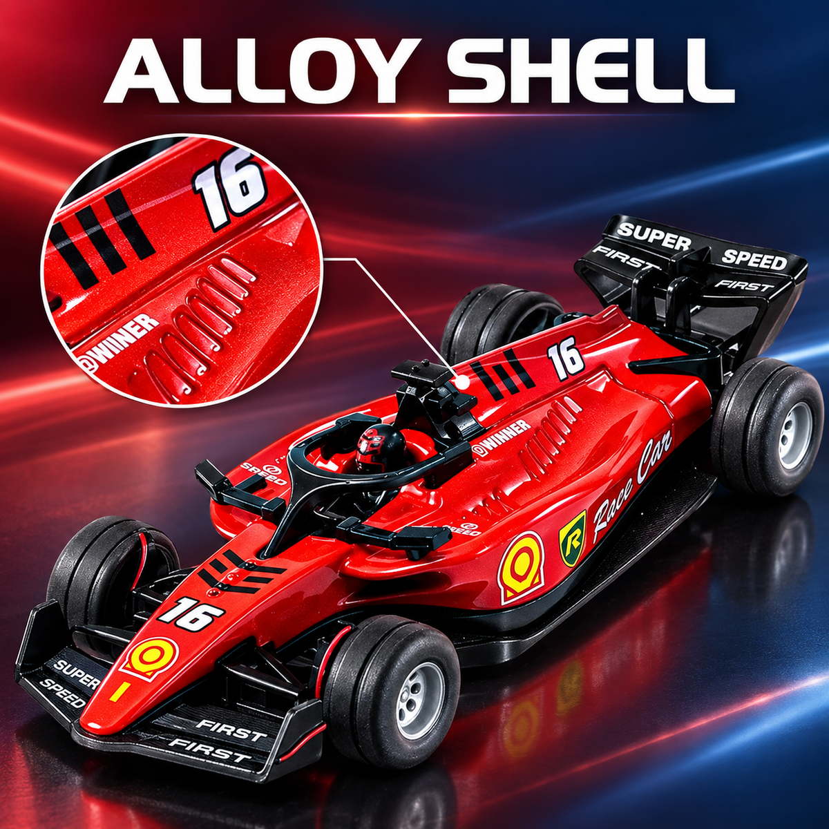 Red mini Formula RC car alloy shell detail