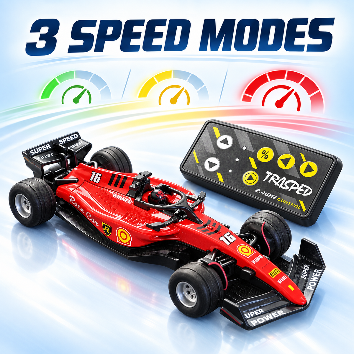 Red mini Formula RC car with three speed modes