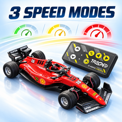 Red mini Formula RC car with three speed modes