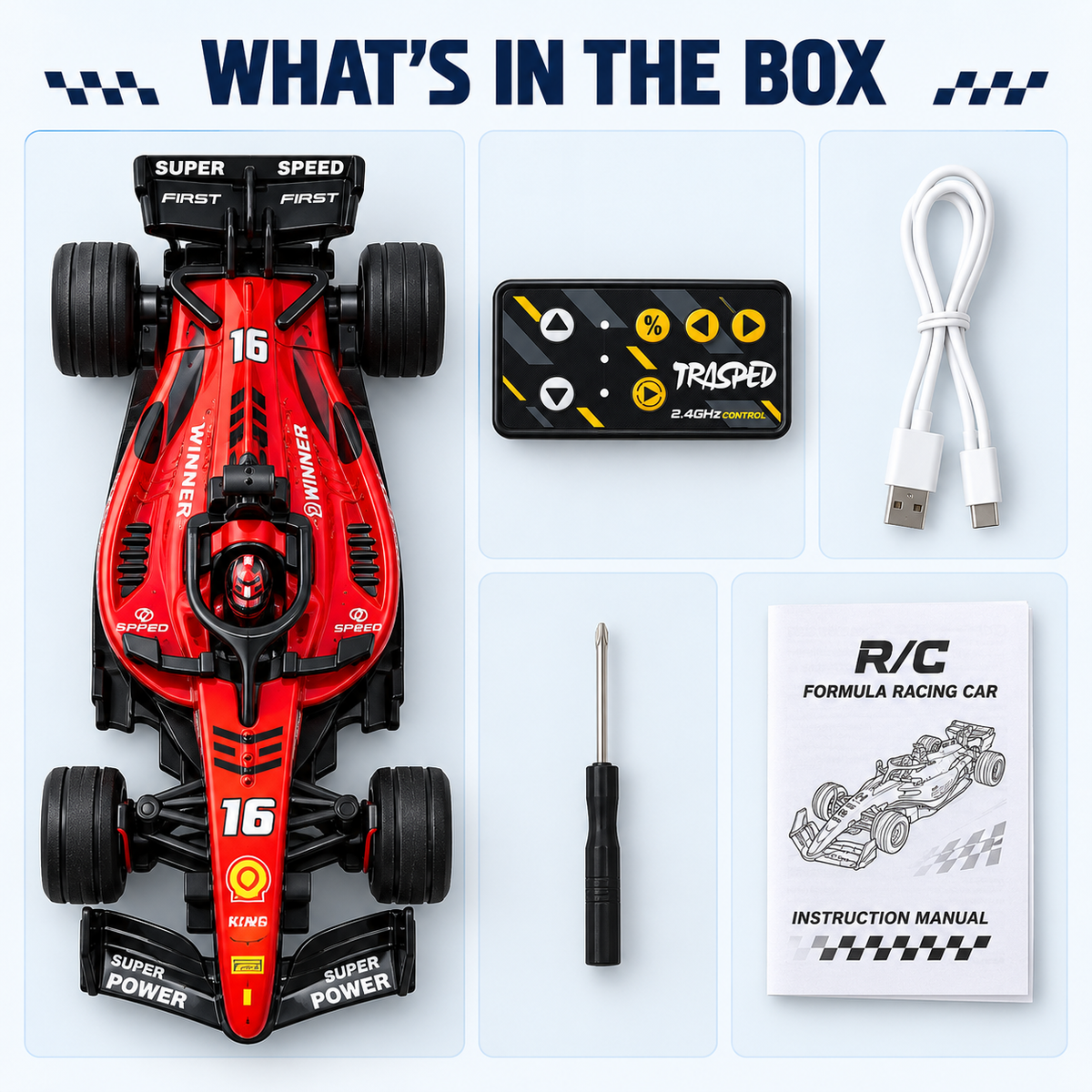Mini Formula RC car package contents with remote and Type-C cable