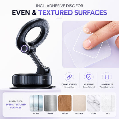 Included adhesive disc for even and textured mounting surfaces