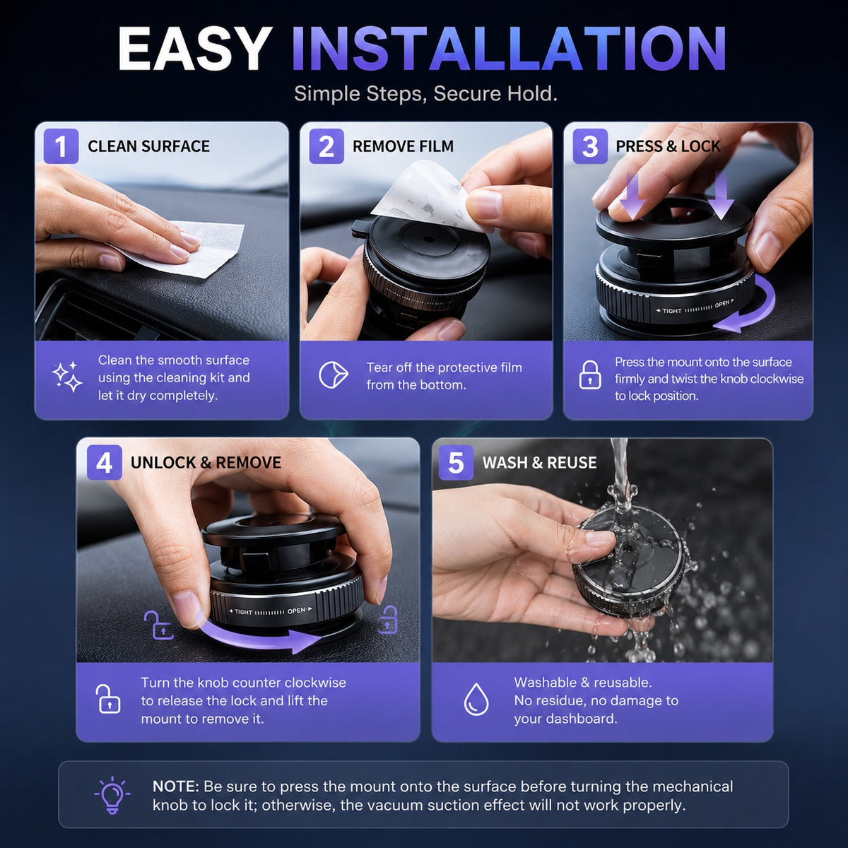 Five-step installation and removal guide for vacuum phone mount