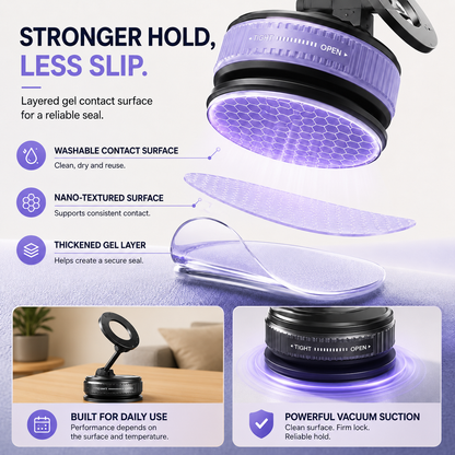 Layered washable gel contact surface and vacuum suction base
