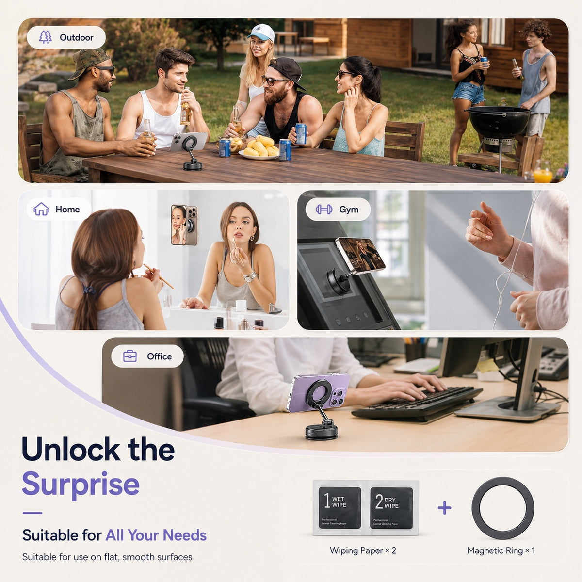 Phone holder use cases with cleaning wipes and magnetic ring included