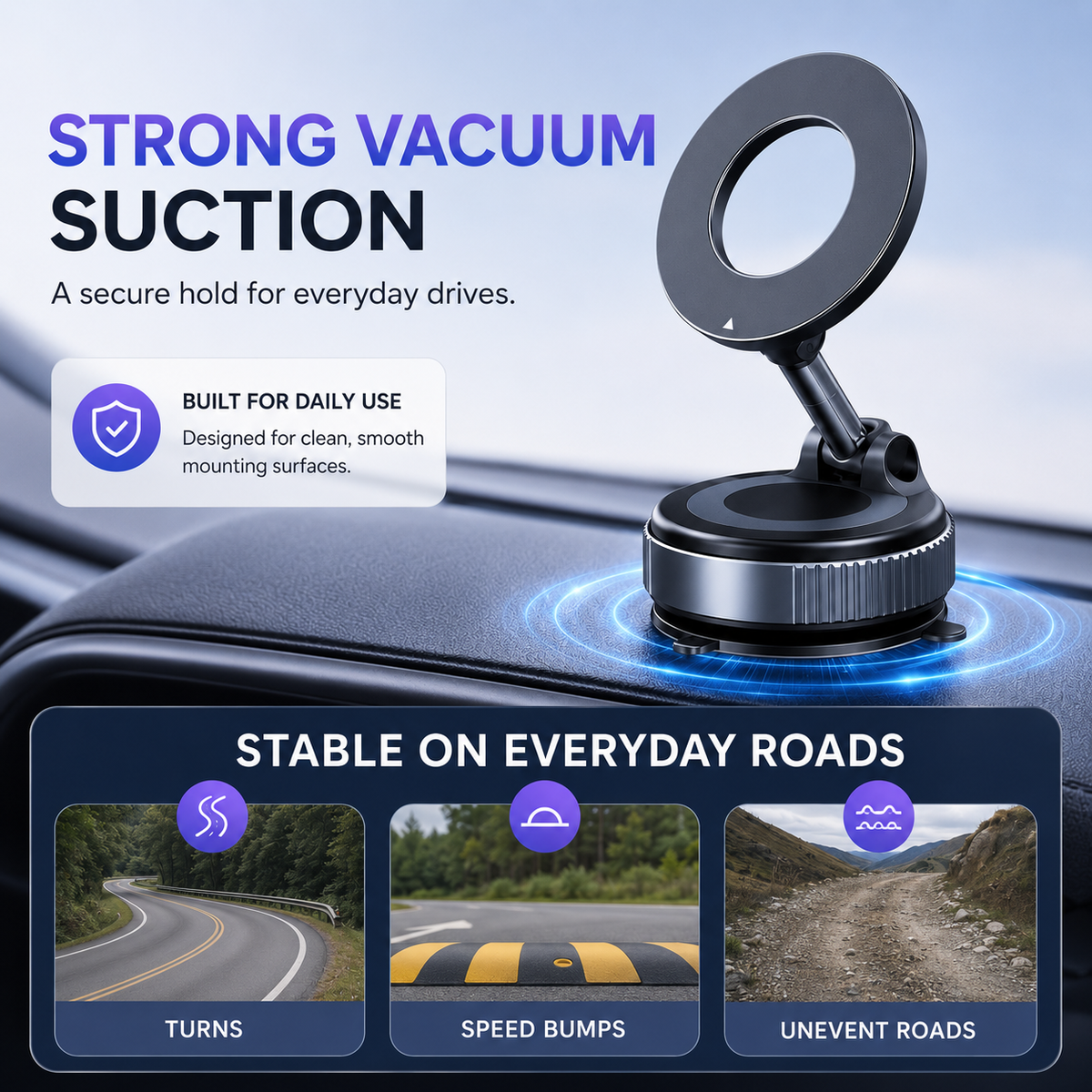 Vacuum suction phone mount designed for everyday road conditions