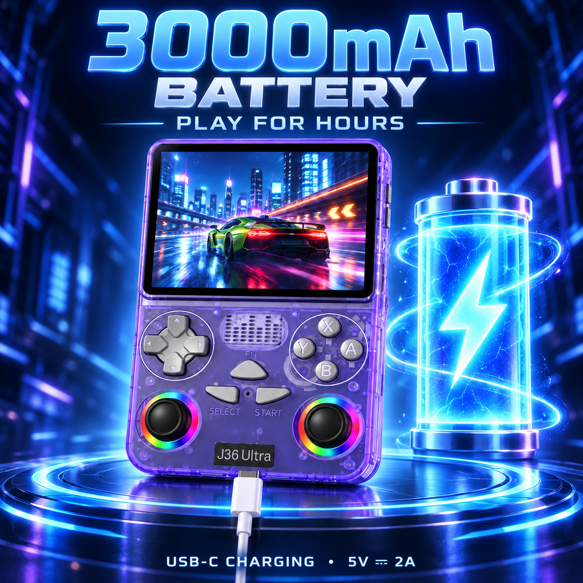 J36 Ultra 3000mAh battery with USB-C 5V 2A charging