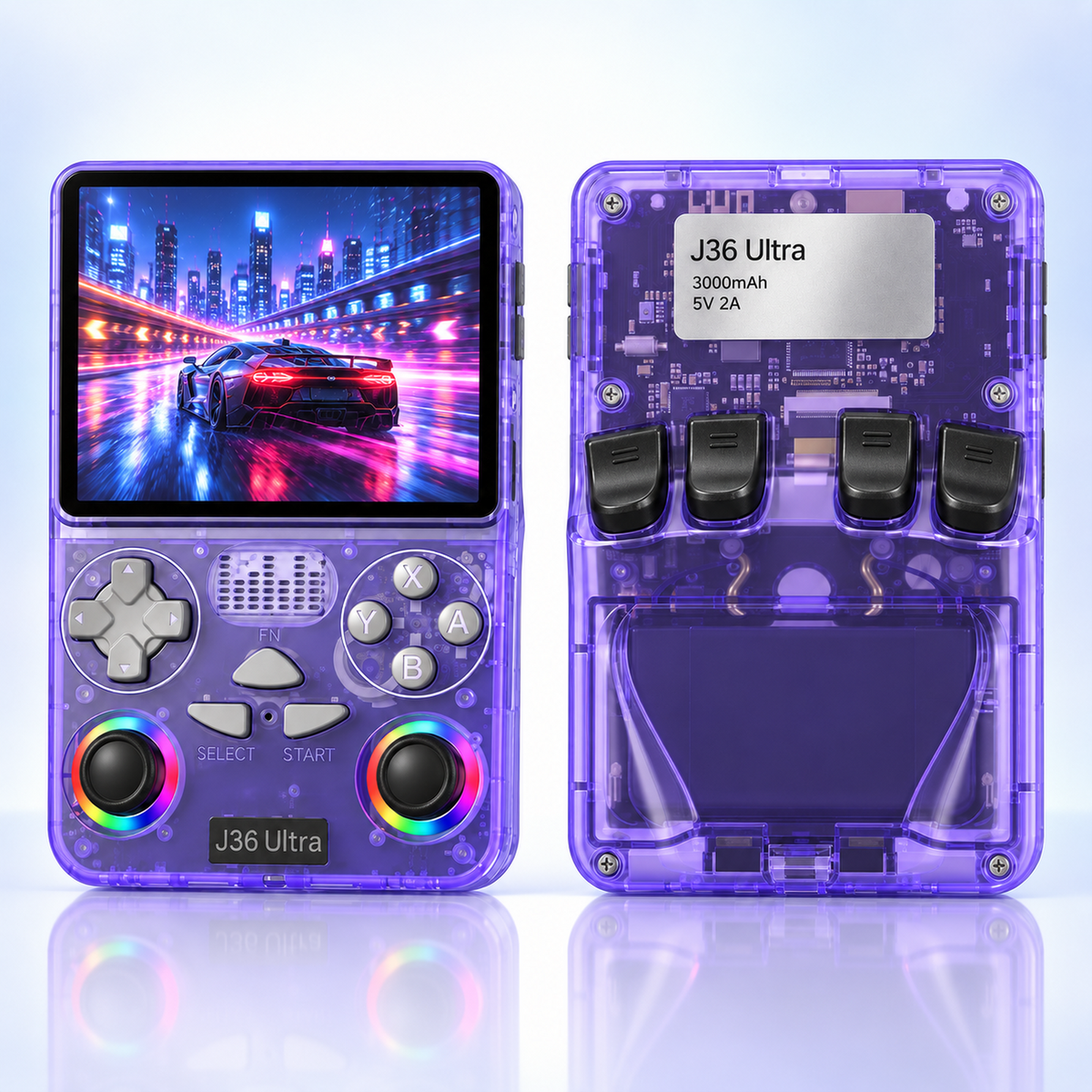 J36 Ultra transparent purple handheld console front and rear views