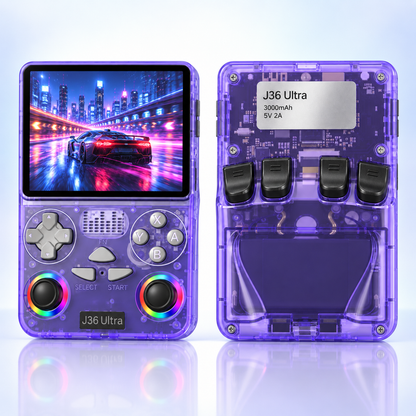 J36 Ultra transparent purple handheld console front and rear views