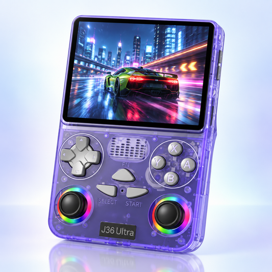 J36 Ultra transparent purple handheld gaming console hero view