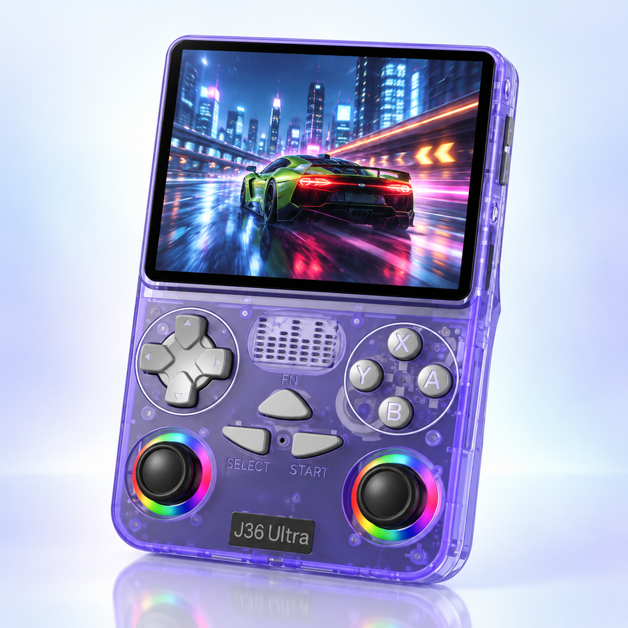 J36 Ultra transparent purple handheld gaming console hero view