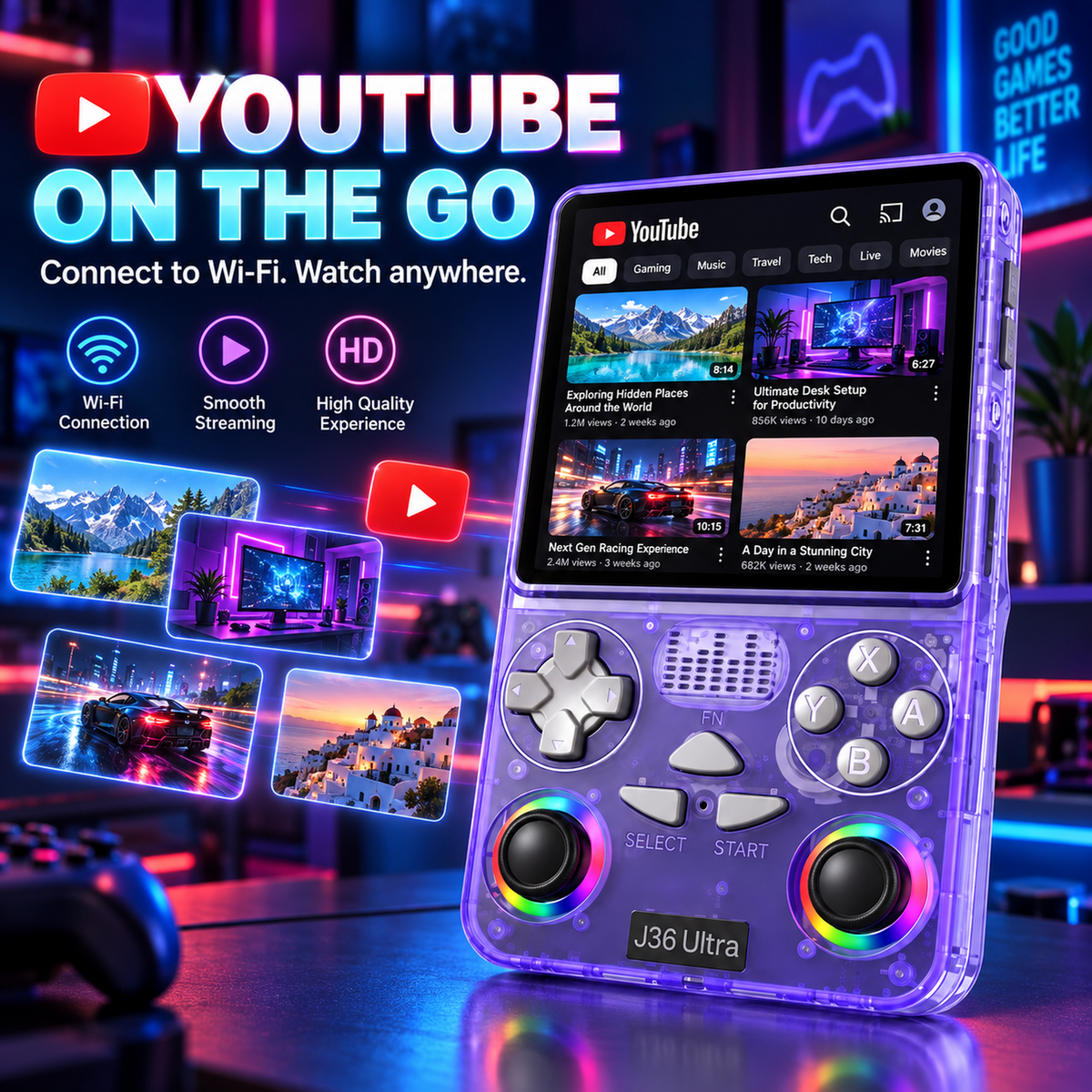 J36 Ultra handheld console with YouTube and Wi-Fi streaming support